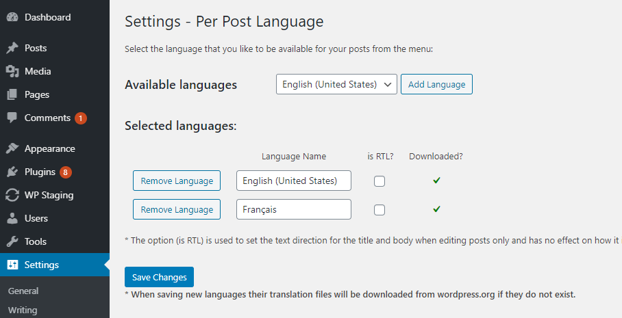 Per Post Language settings